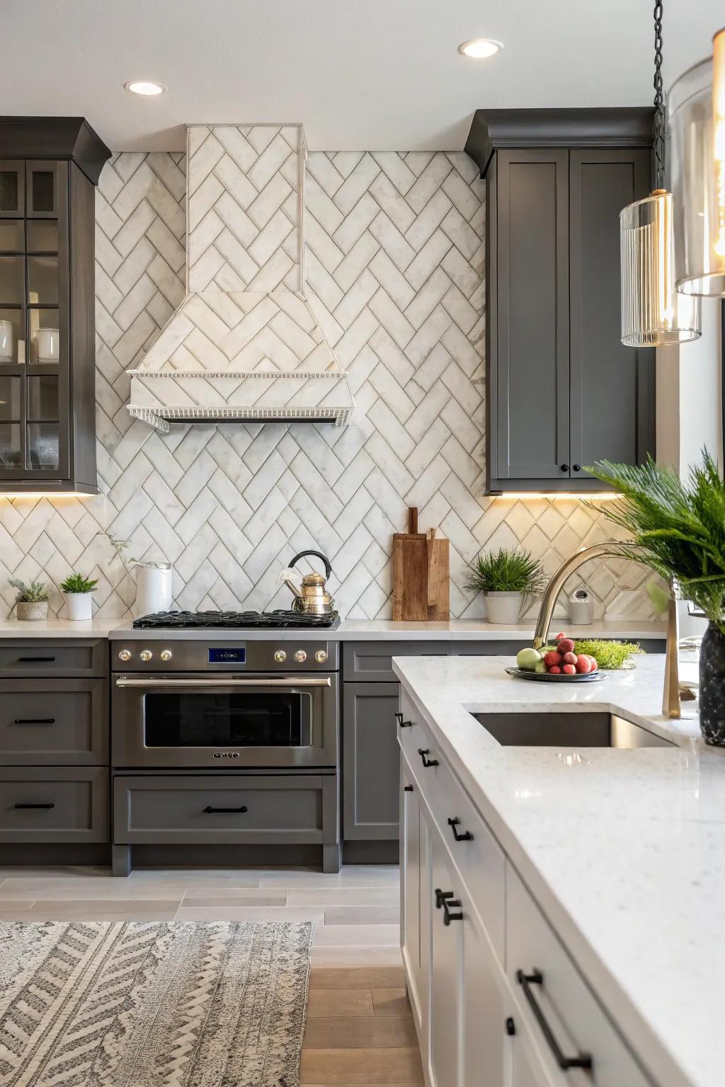 An angled layout adds sophistication to this kitchen.