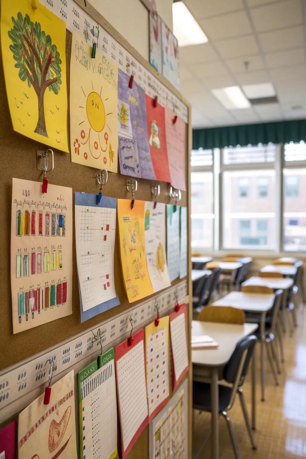 A do-it-yourself craft calendar board featuring student-made pieces.