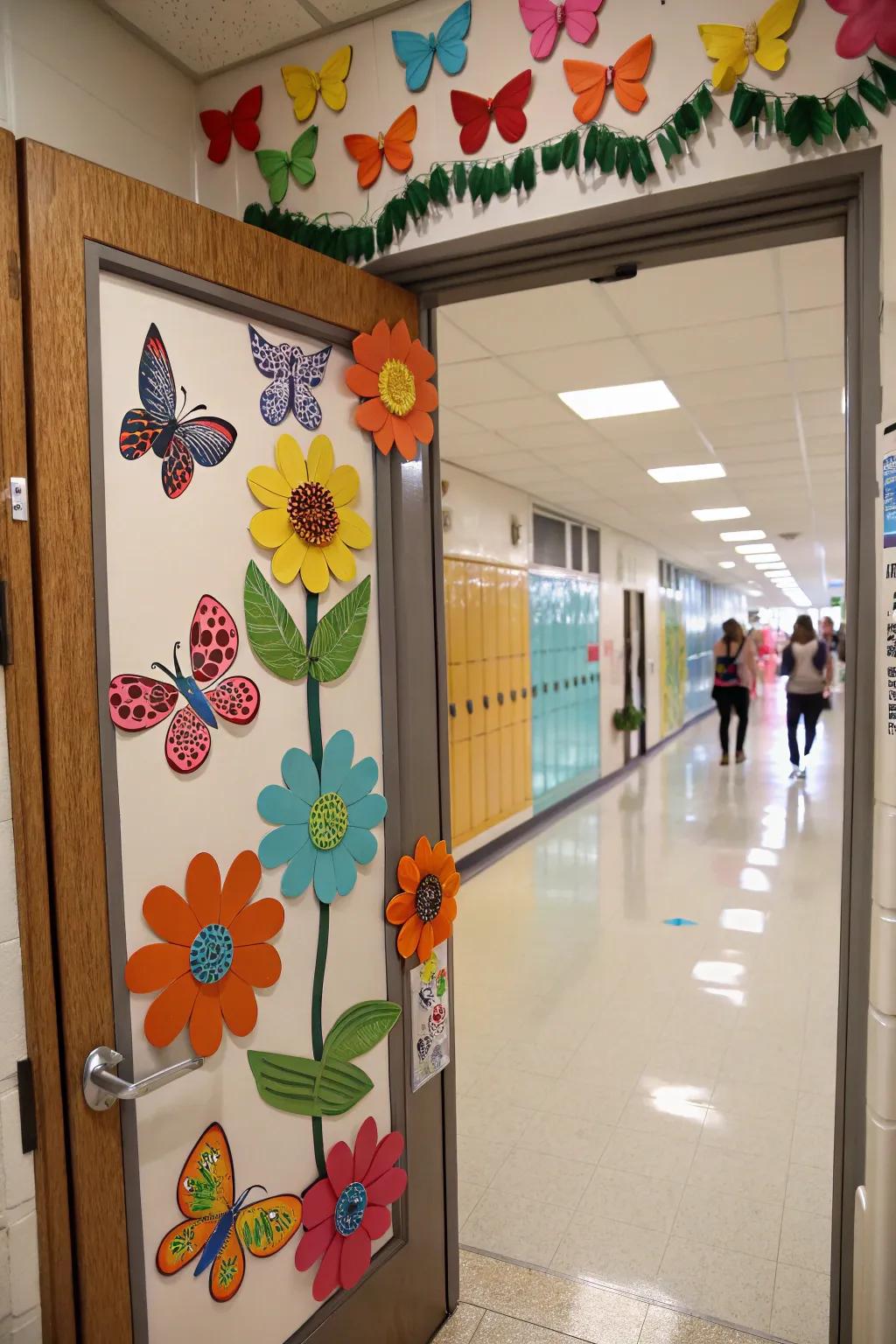A butterfly-themed classroom door featuring colorful blooms.