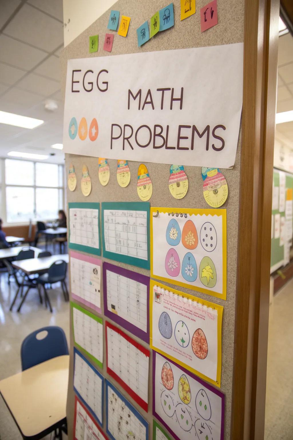 A learning-focused bulletin board with egg-themed math challenges.