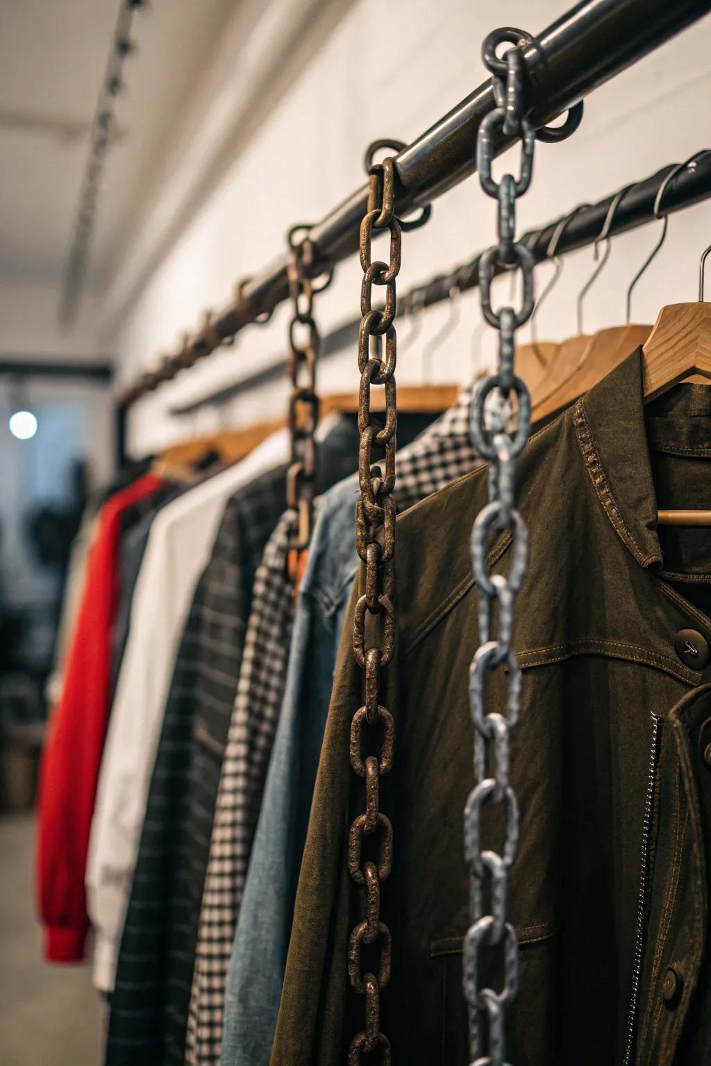 Chains give adjustable height options for shared wardrobe spaces.