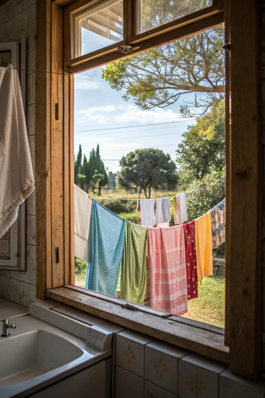 A subtle and practical clothesline outside the cooking area window.
