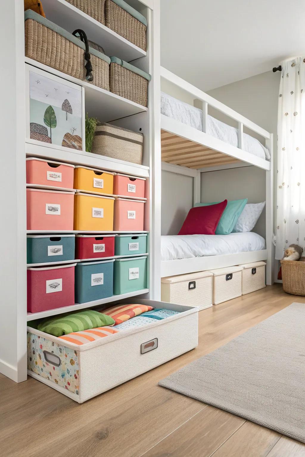 Under-bed storage maximizes unused space.