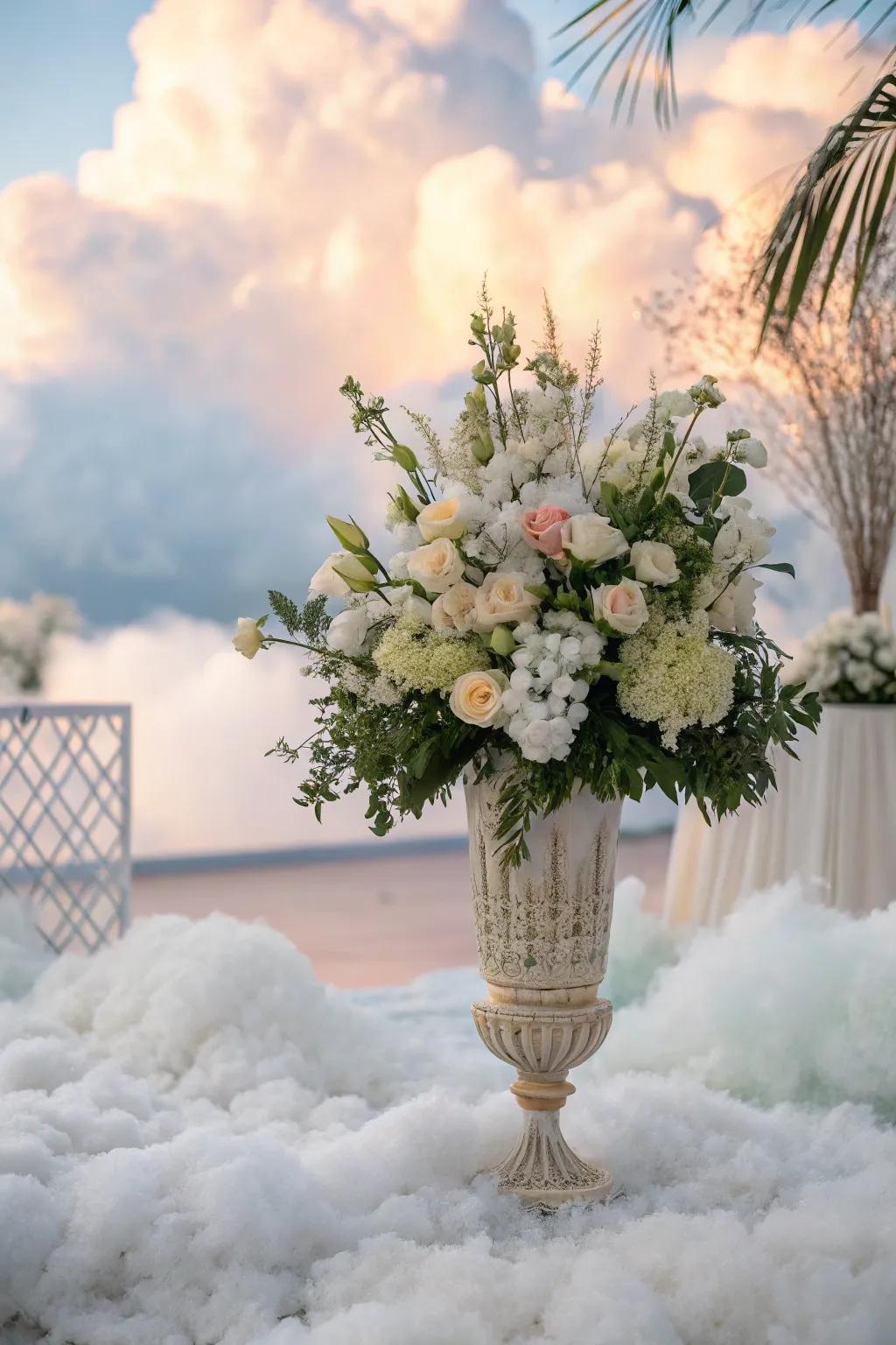 Floral compositions bestow a fresh and exquisite accent to the cumulus-themed décor.