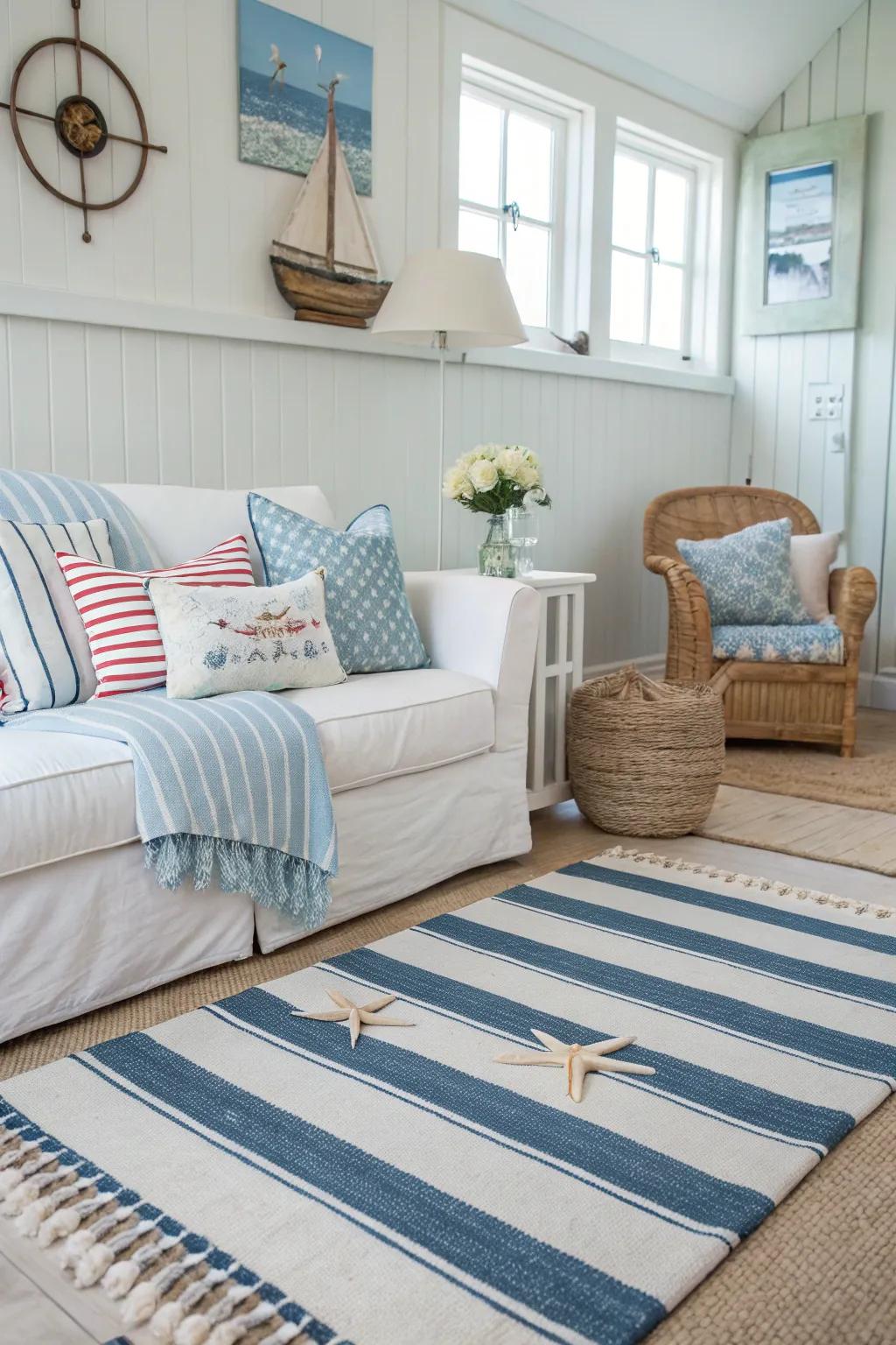 A room featuring stripes for a classic nautical vibe.