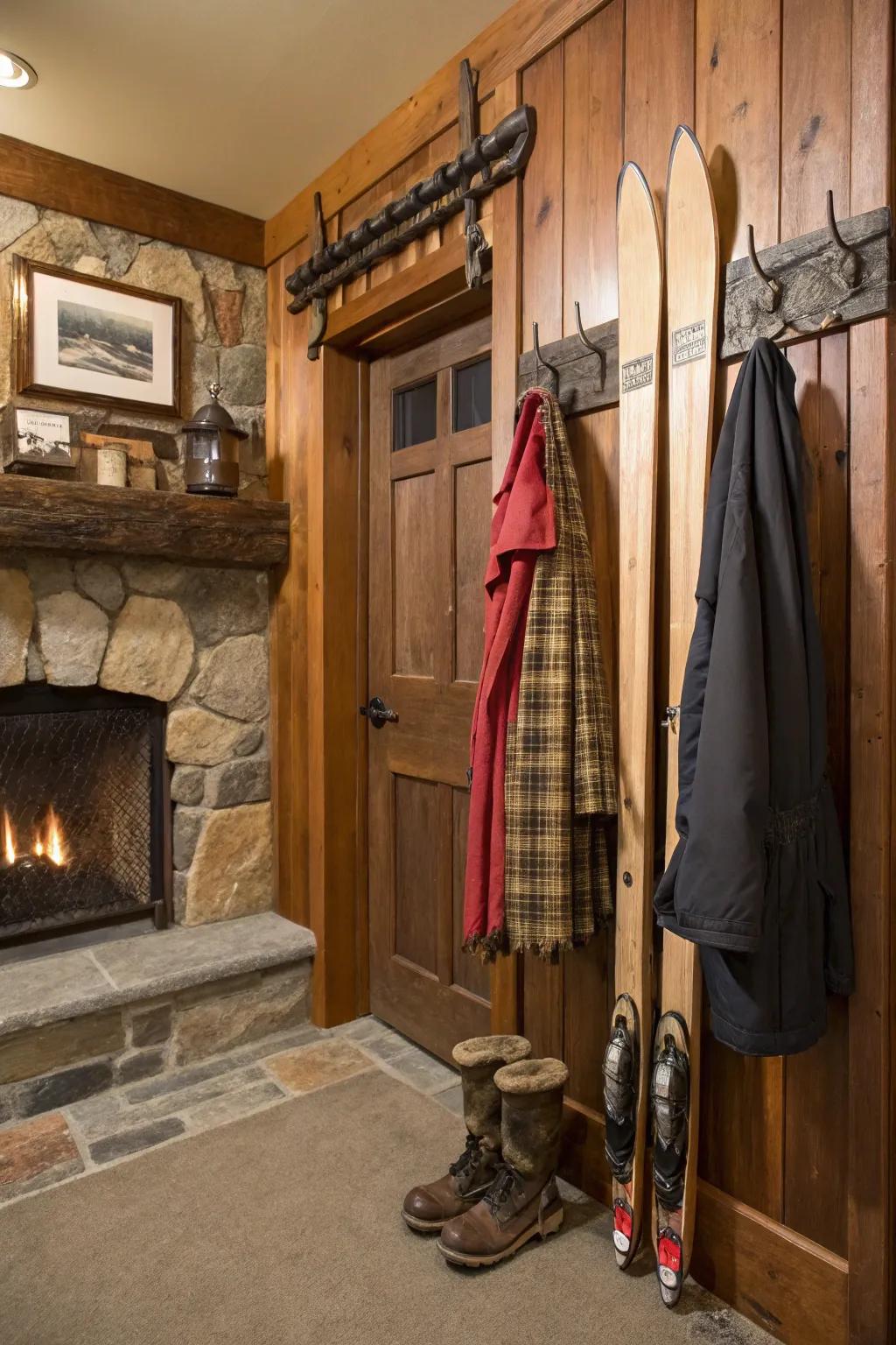 Repurposed timeworn skis fashion a charming and nostalgic coat rack.