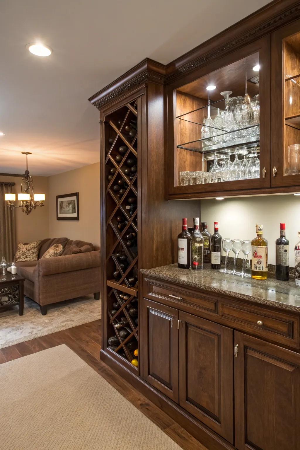 A wine rack brings in sophistication and function.