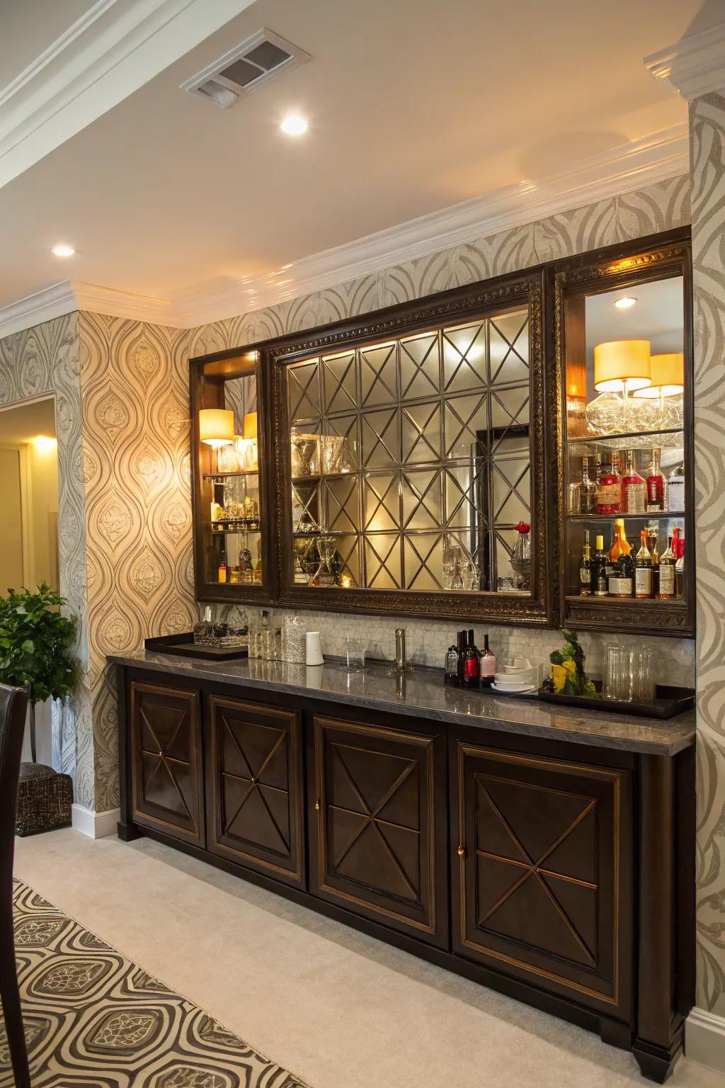 Mirrors and backgrounds create dimension and sophistication.