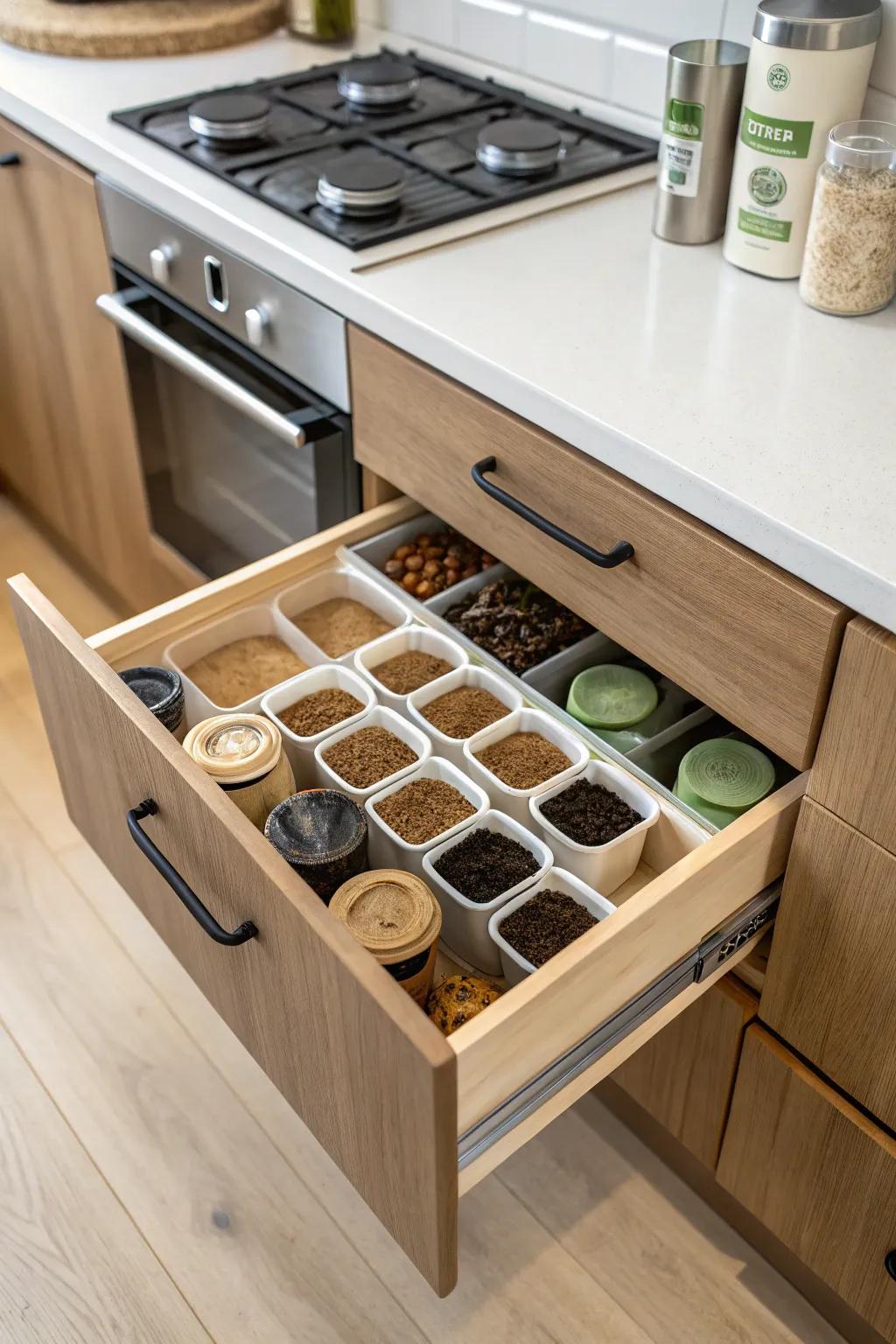 Eco-friendly containers lend a sustainable aspect to your drawer.