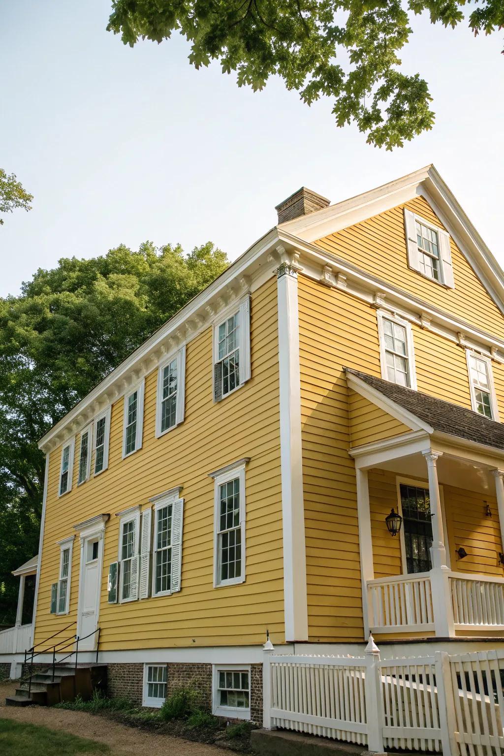 A delightful colonial house glowing with a golden hue frontage and crisp alabaster trim.