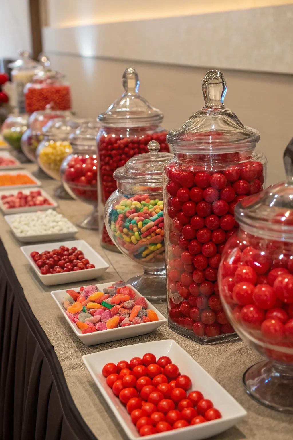 A scarlet candy station offering sweet delights for attendees.