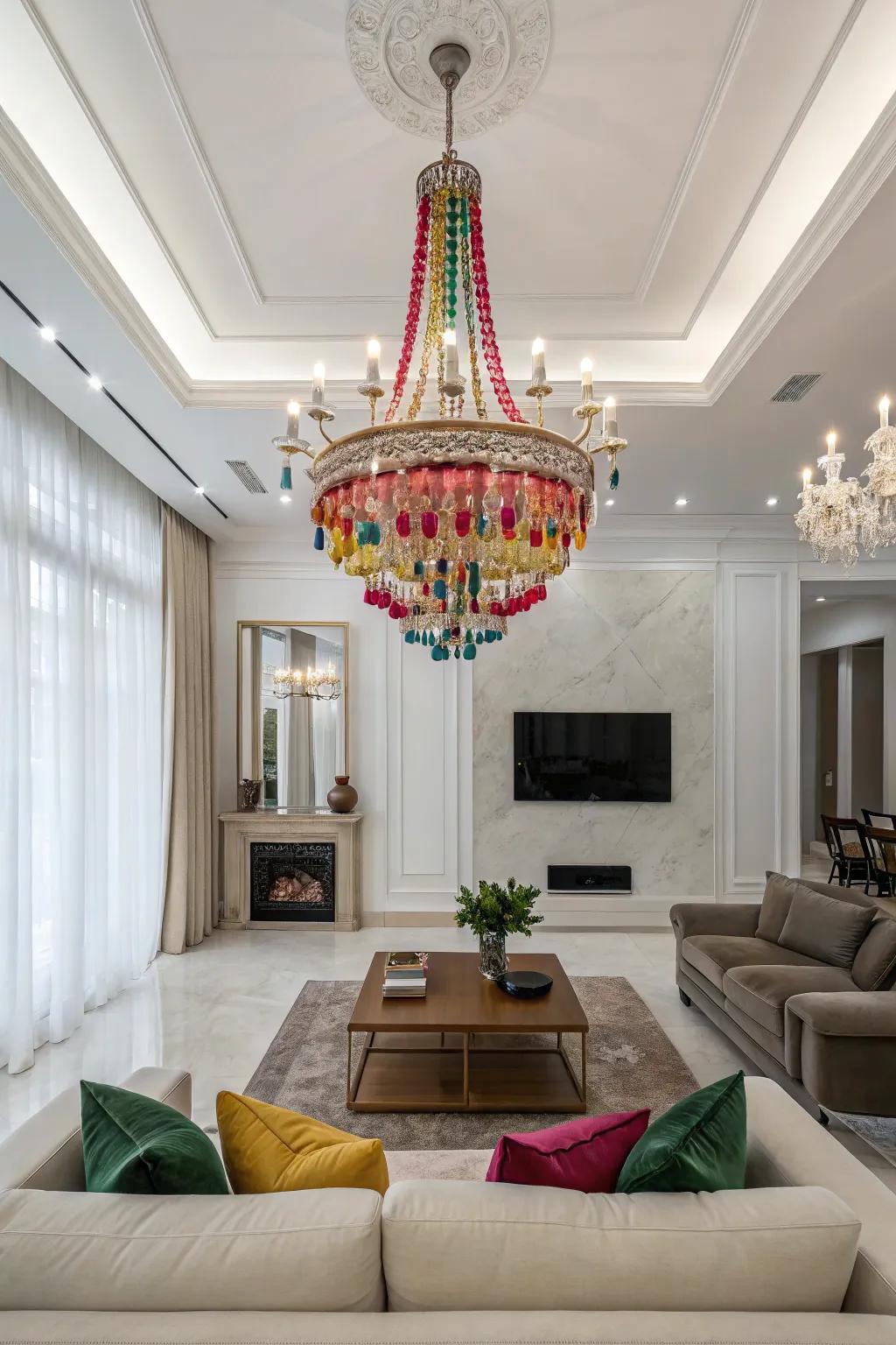 A vibrant chandelier enhances drama and focus in this minimalist living room.