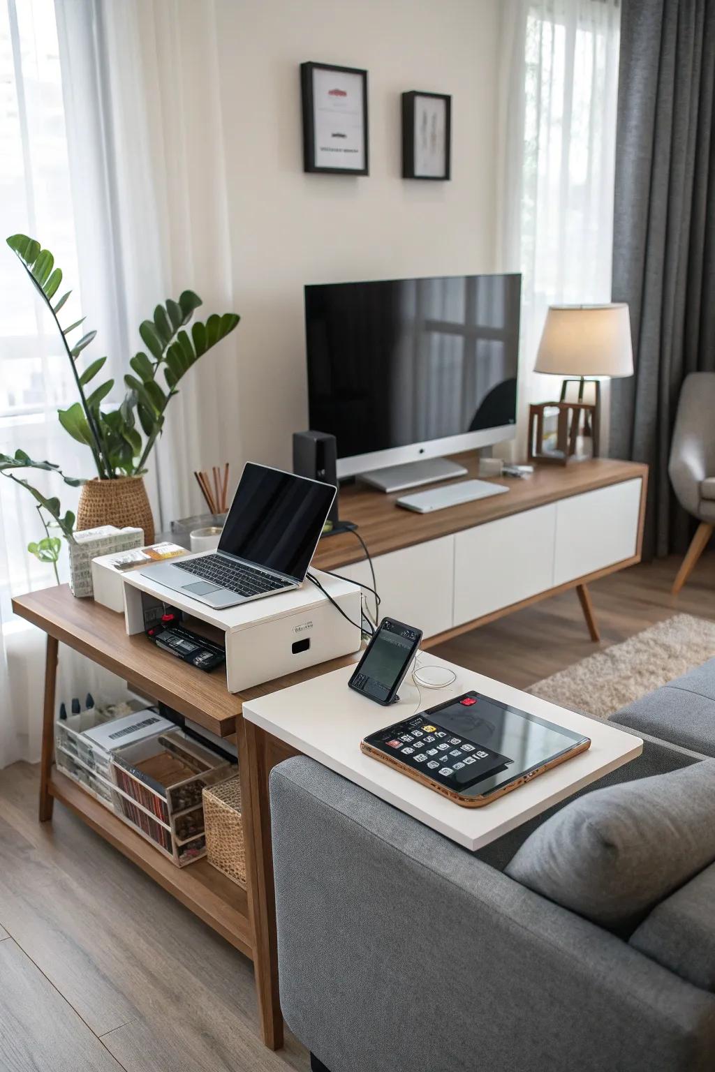 Integrating tech for a clean and organized workspace.