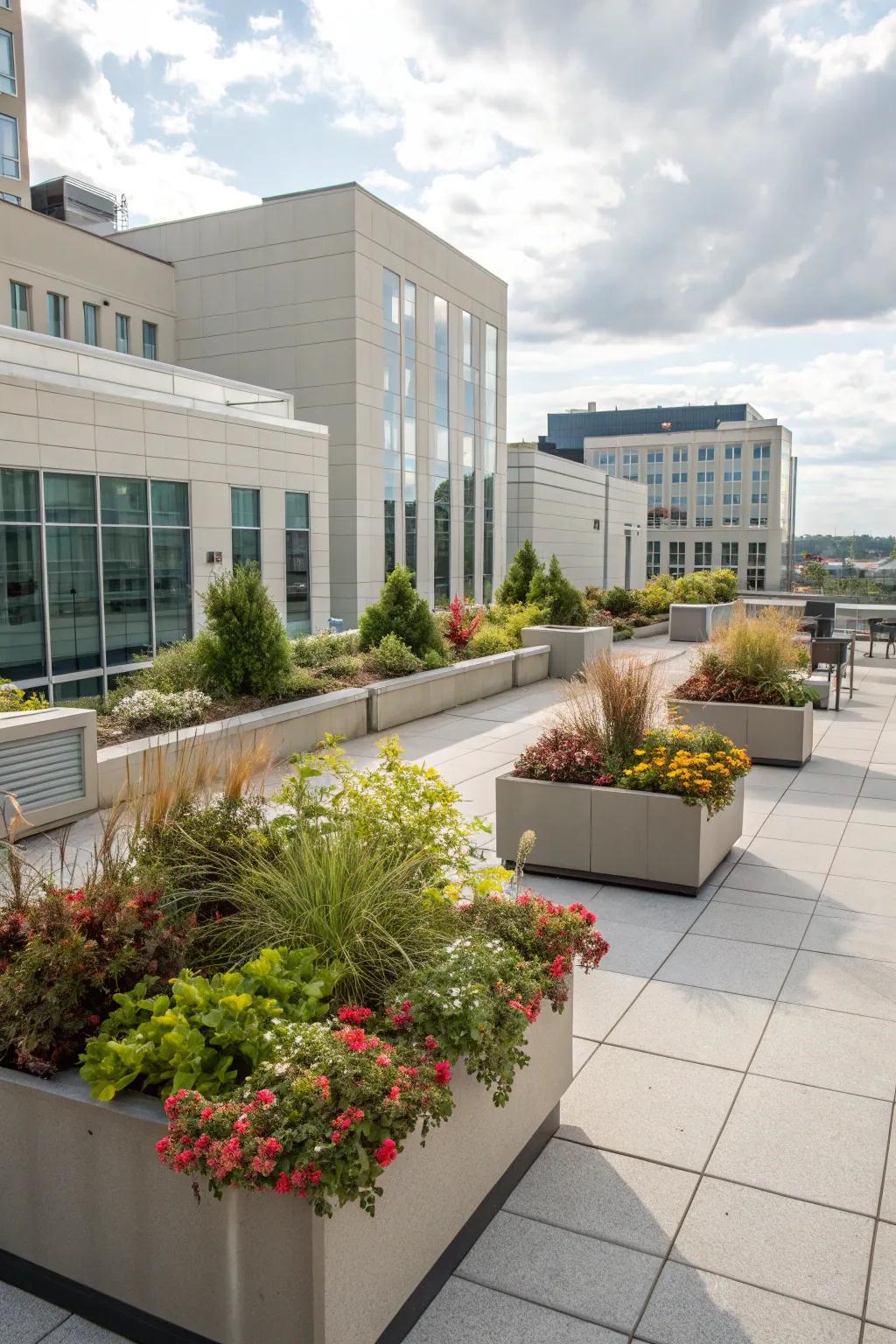 Raised planters create depth and focus.