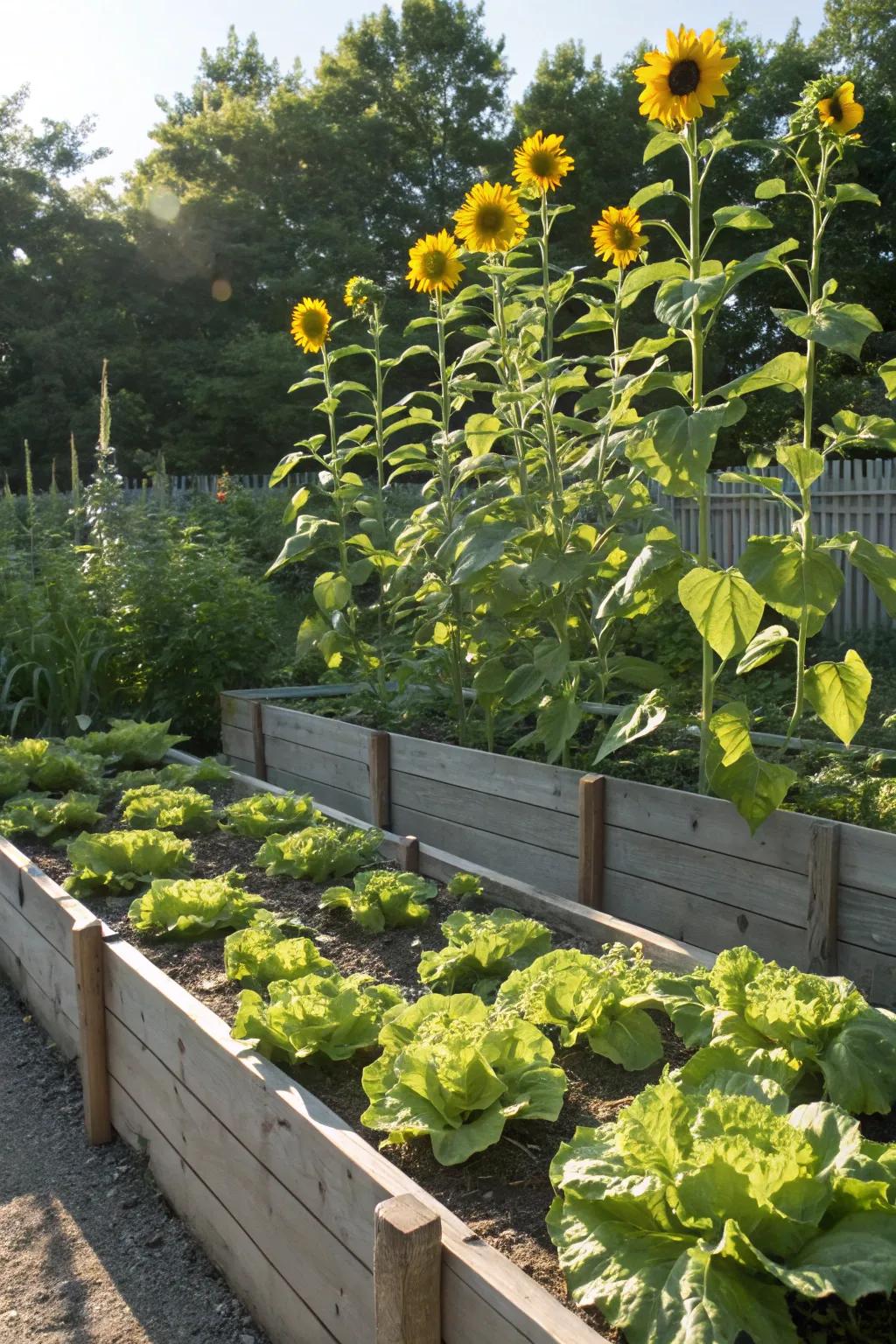 Tall yellows naturally cast shade, benefiting delicate leafy green leaves.