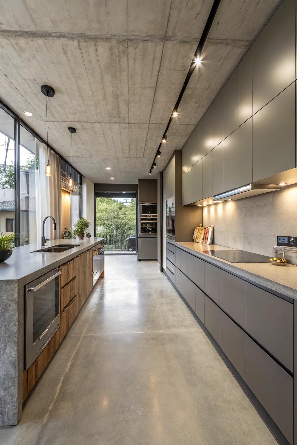 Concrete floors in the kitchen blend style with practicality.