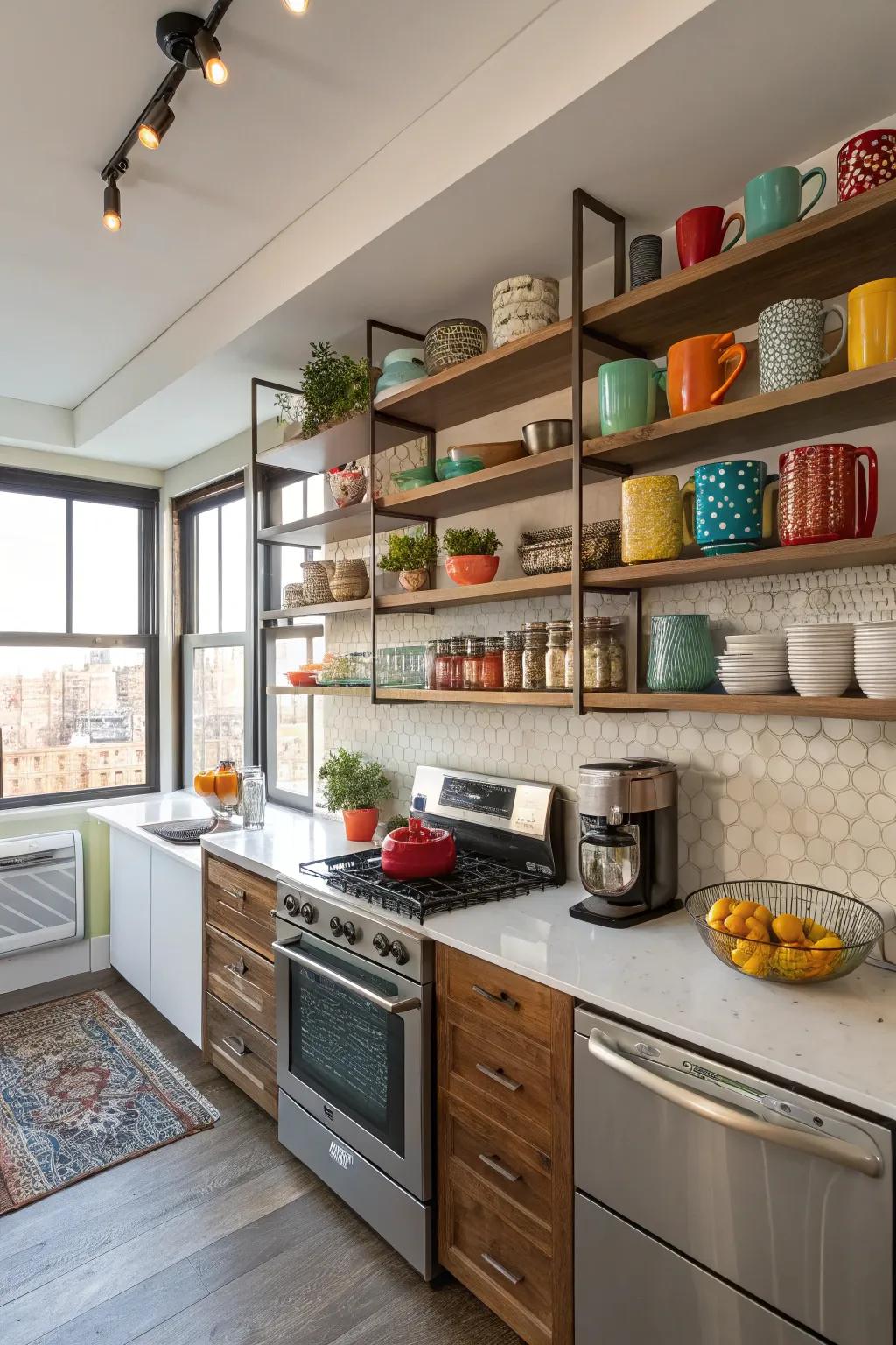 Exposed storage adds style and accessibility to your kitchen.