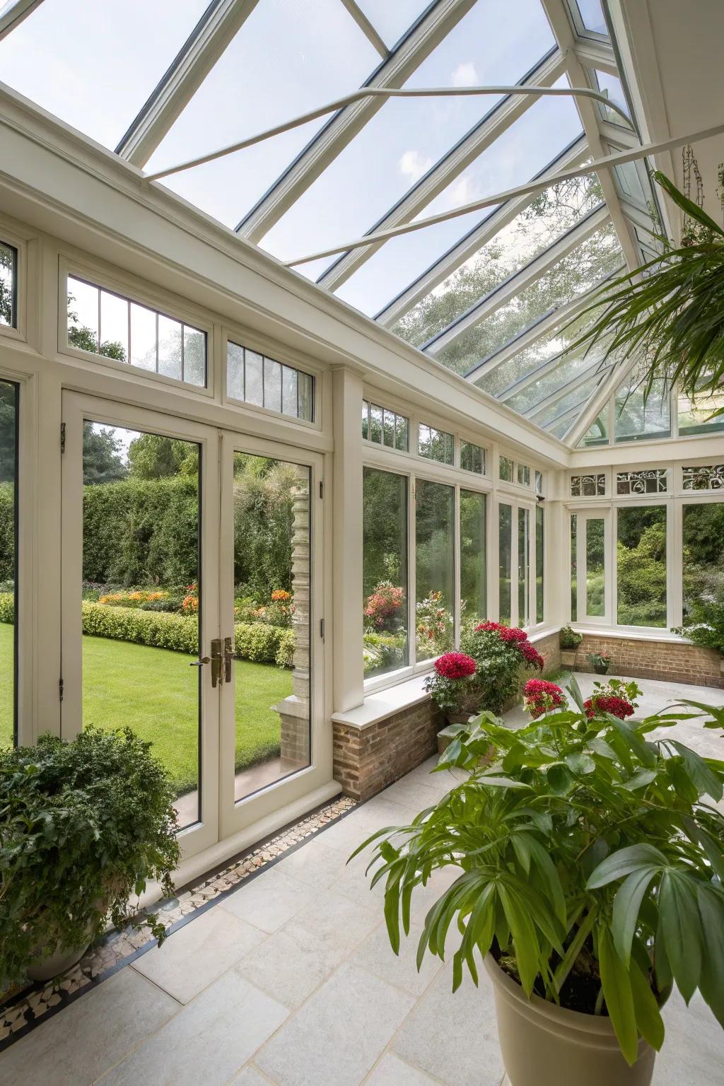 A modern sunroom with pioneering glass augmentations.