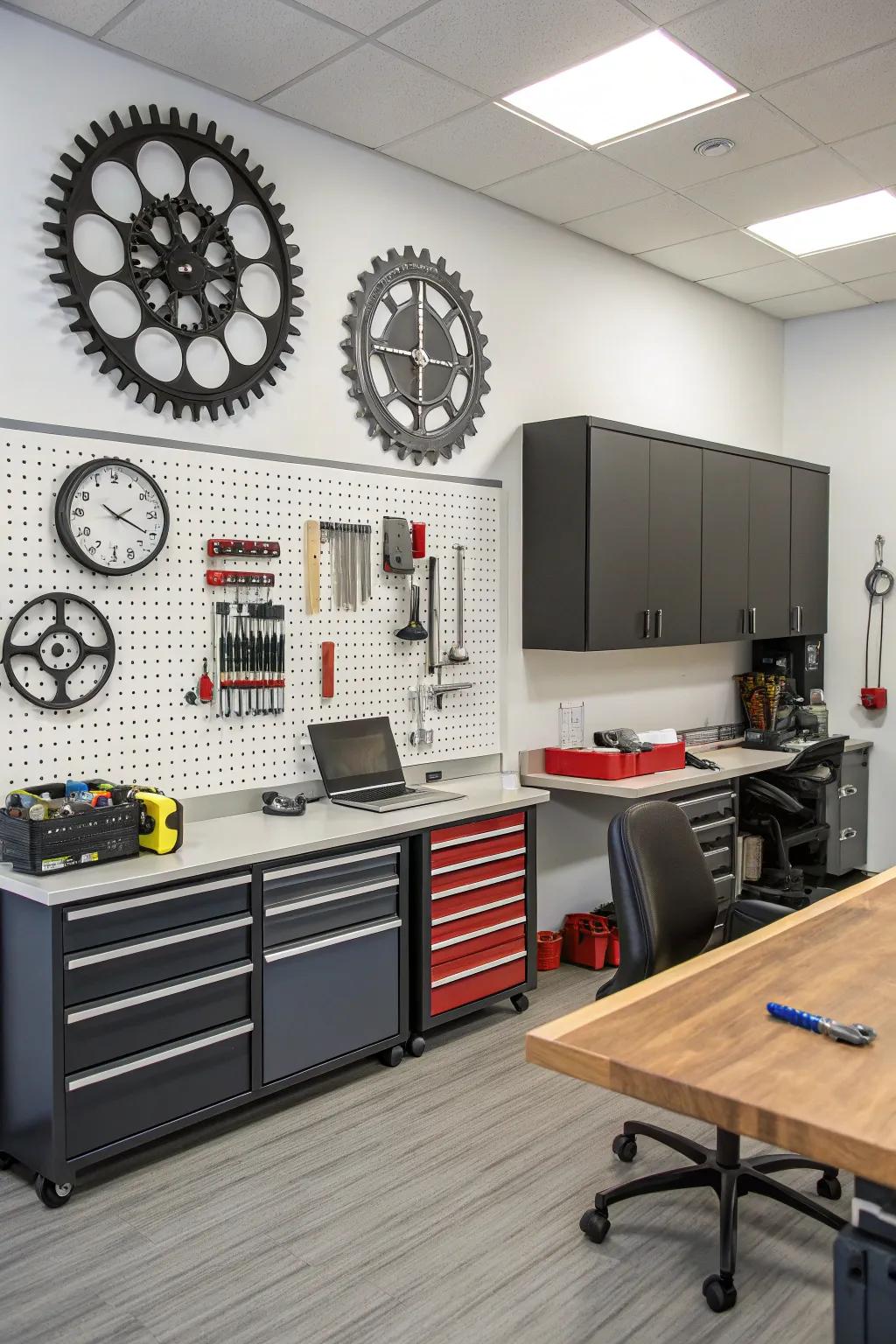 Functional decor elements, such as gear clocks and pegboards, in an office.