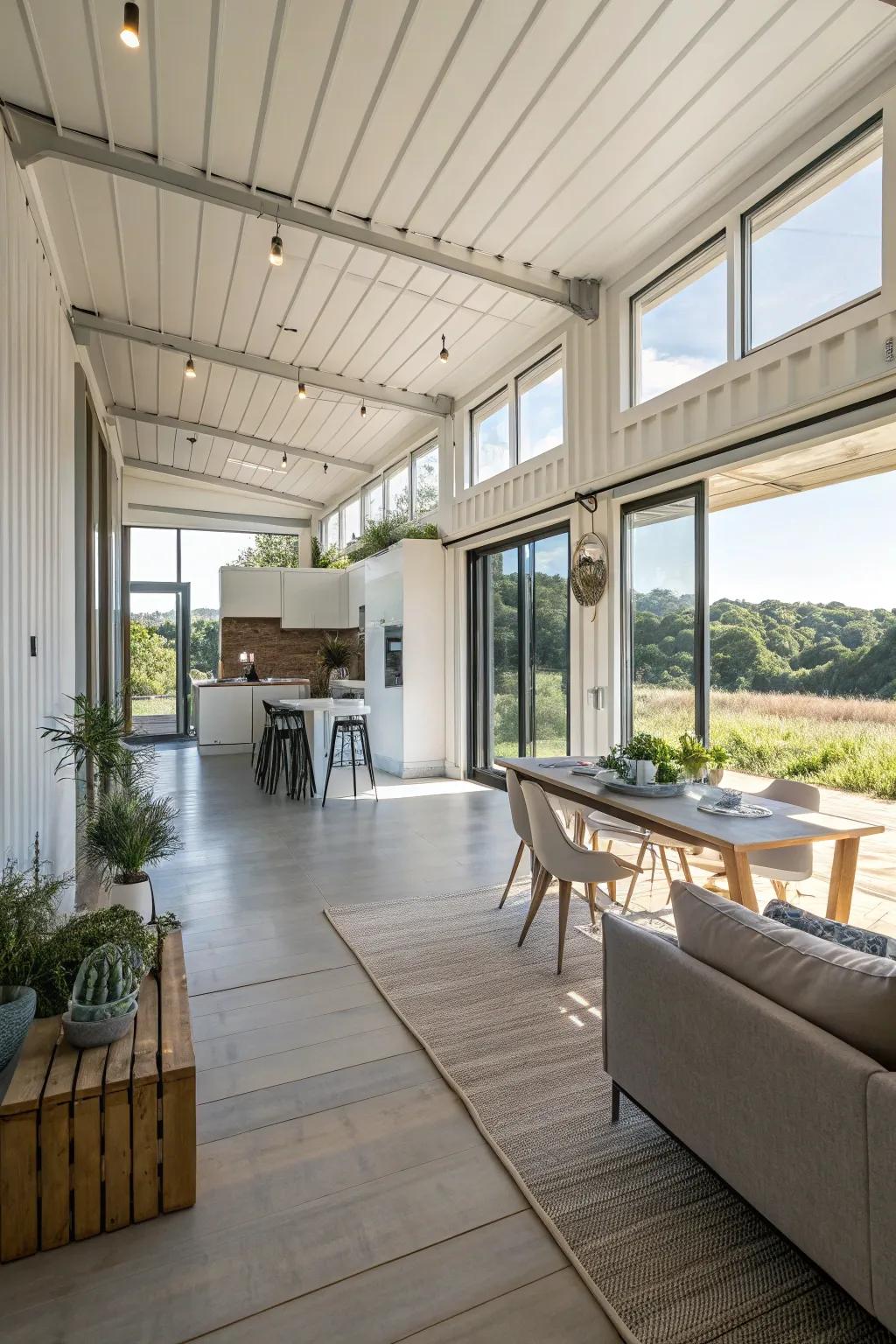 A container home with an airy and unrestricted layout.