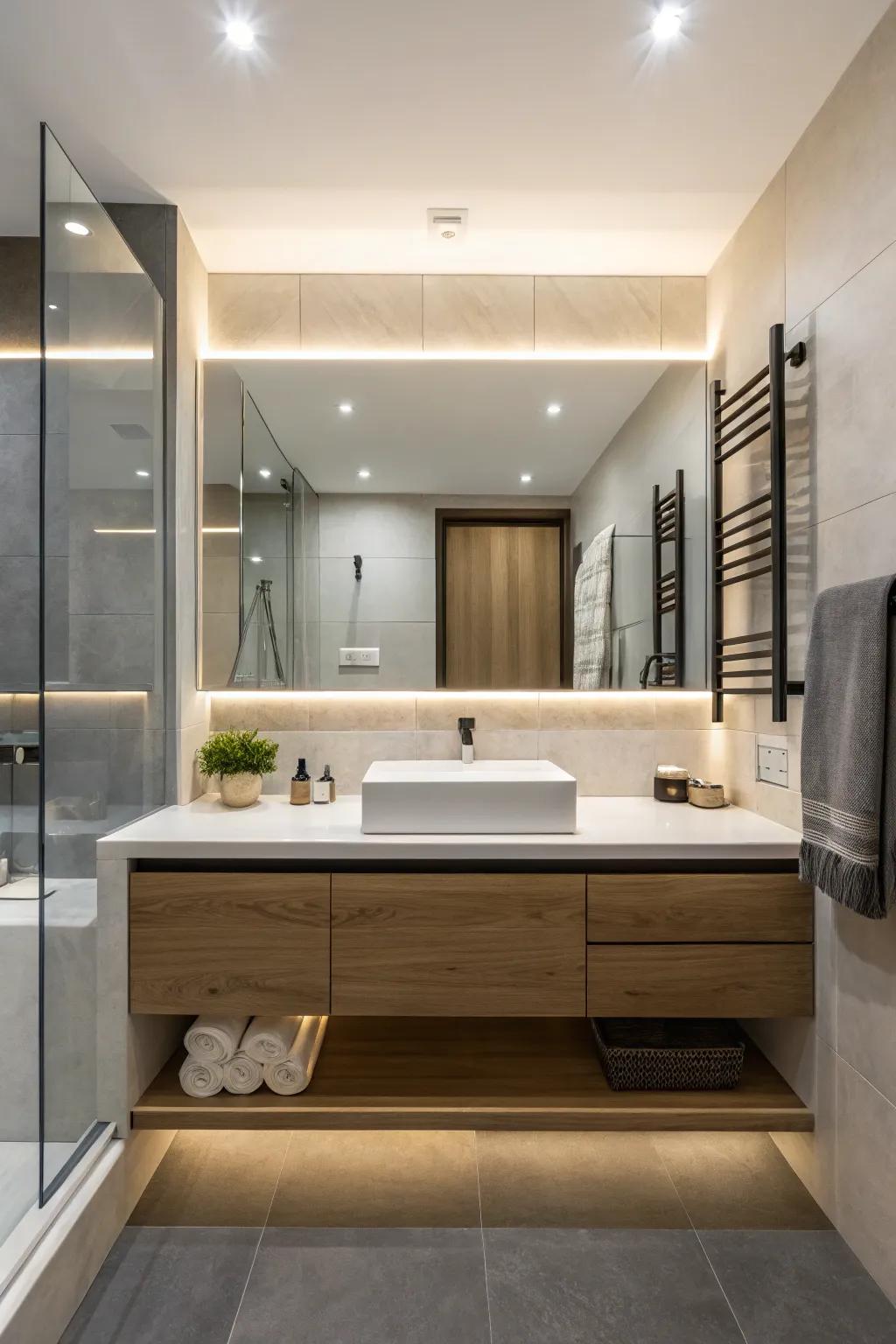 Bathroom featuring a sleek elevated vanity.