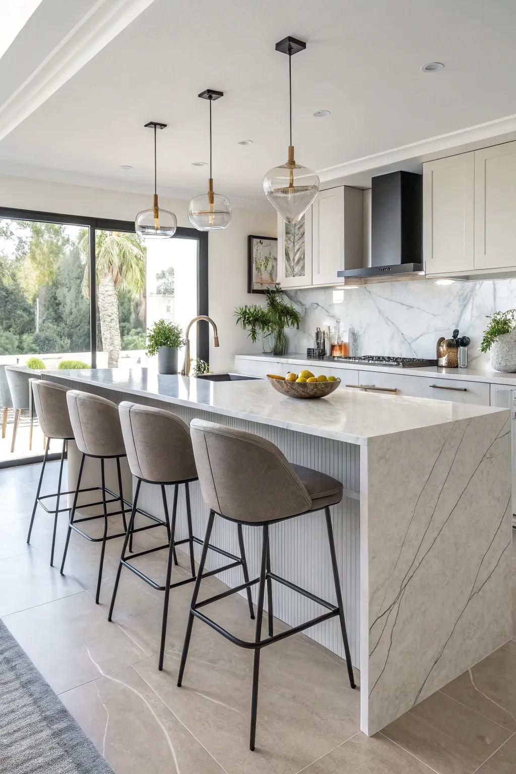 Useful seating surrounding the island improves social dynamics.