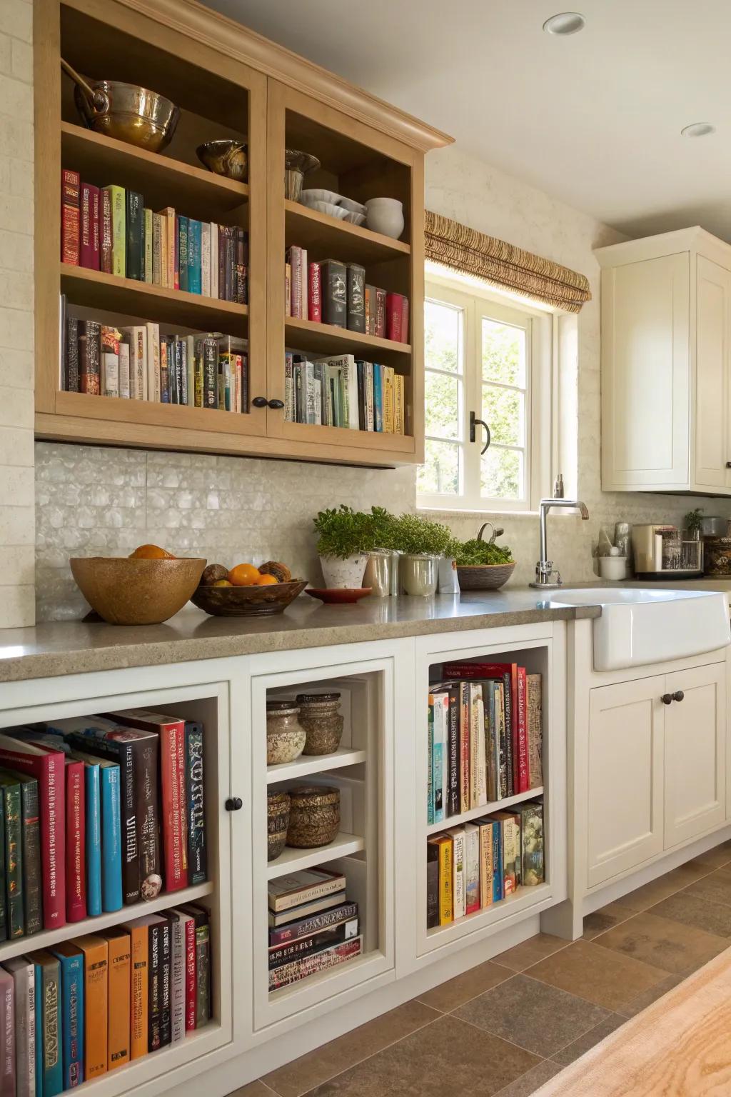 Make the most of cooking area space with creative cookbook storing.