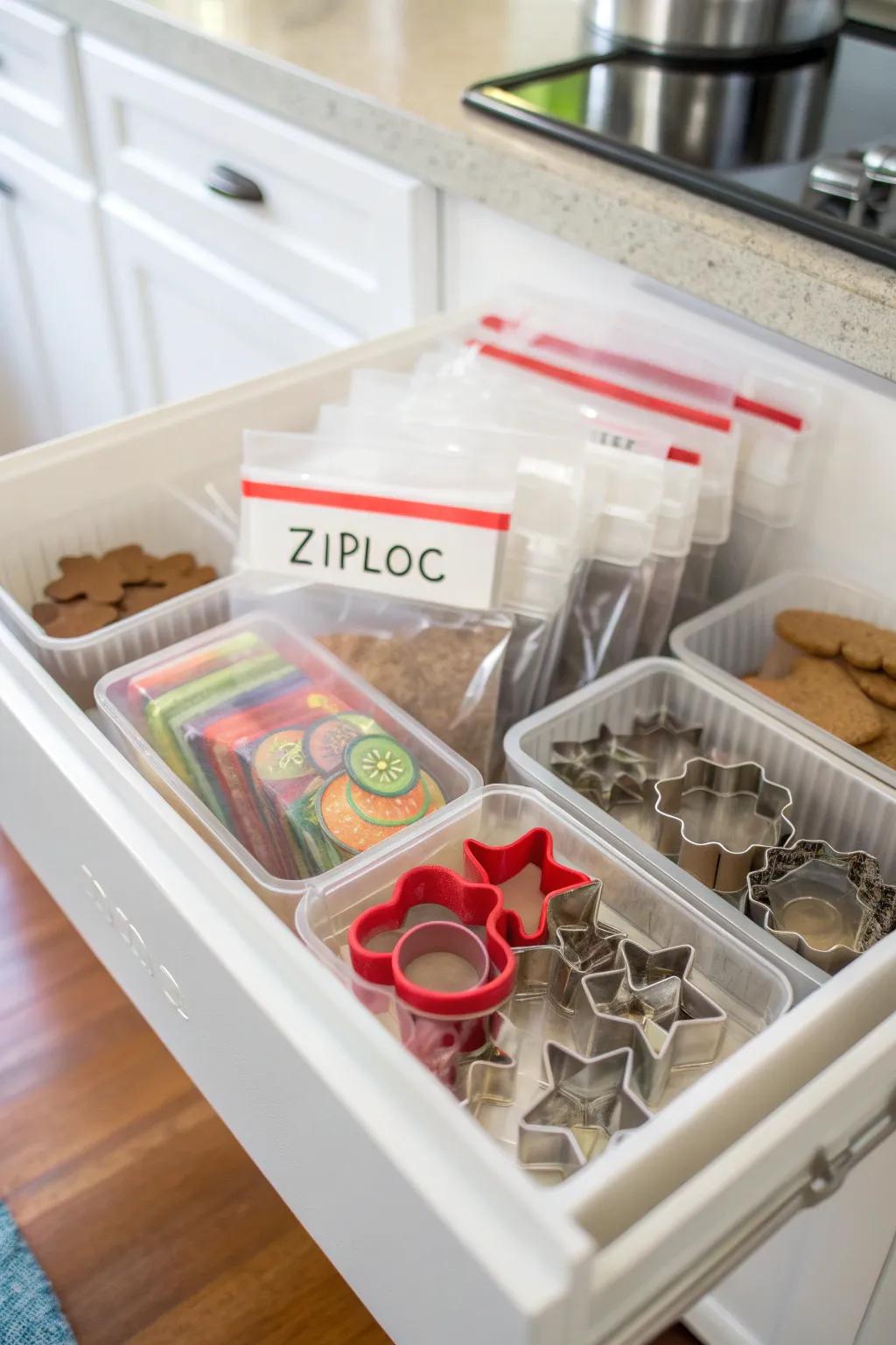 Cookie cutters arranged within labeled resealable bags for uncomplicated stowing.
