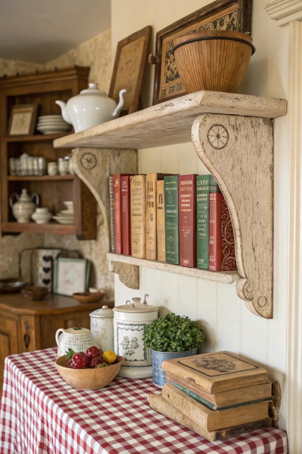 Antique supports inject reminiscence into a culinary nook.