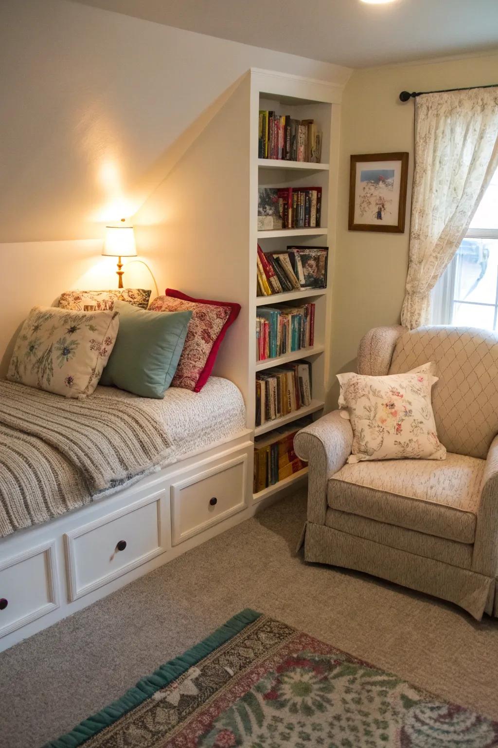 A reading corner gives a snug escape near a corner bed.