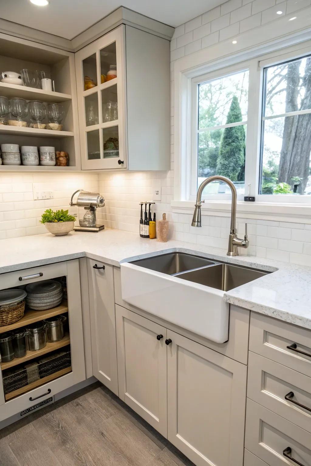 A corner sink tucked away in a hidden nook, keeping the kitchen space organized and tidy.