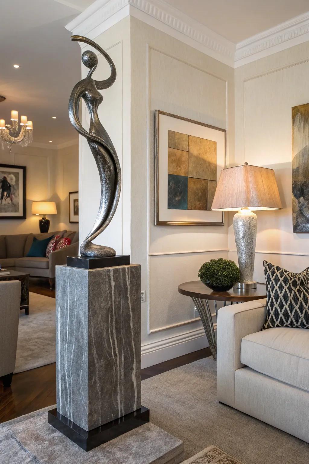 A striking art piece adds artistry and interest to the corner.