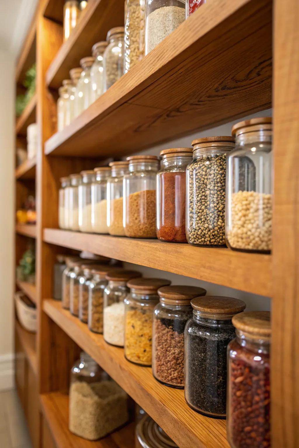 Glass containers in a corner pantry, offering see-through storage.