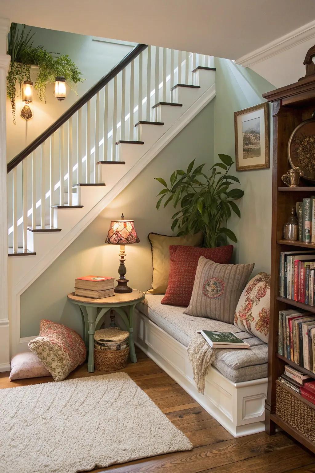 A cozy nook under the stairs creates a secluded getaway.