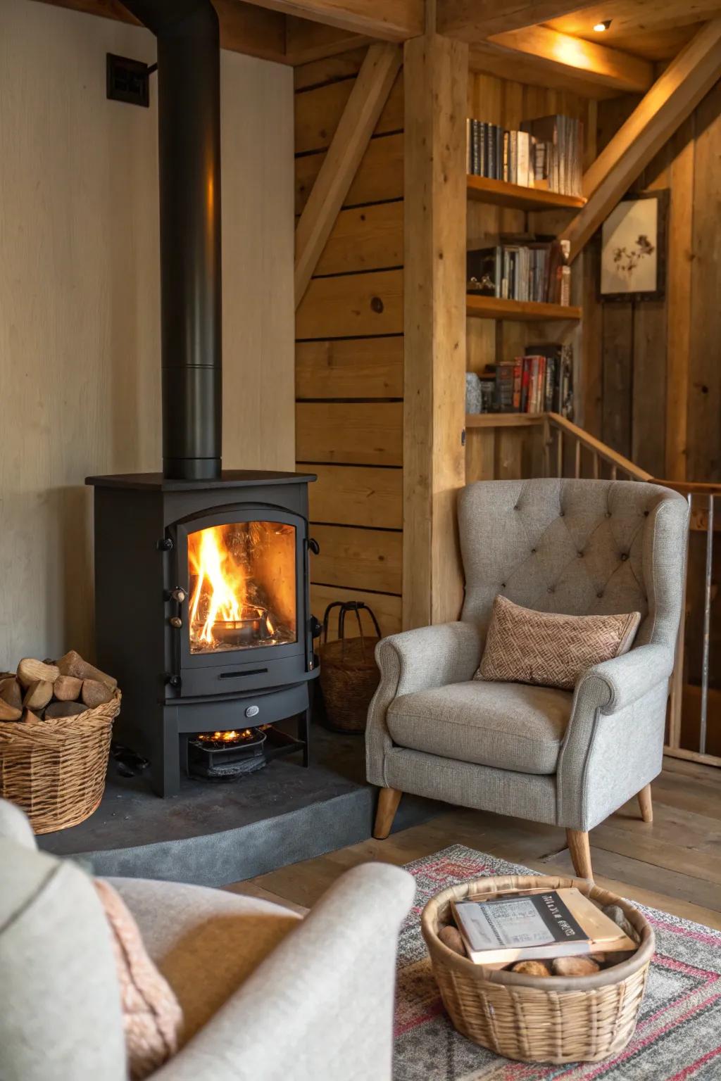 A comfortable seating alcove summons warmth and discourse.