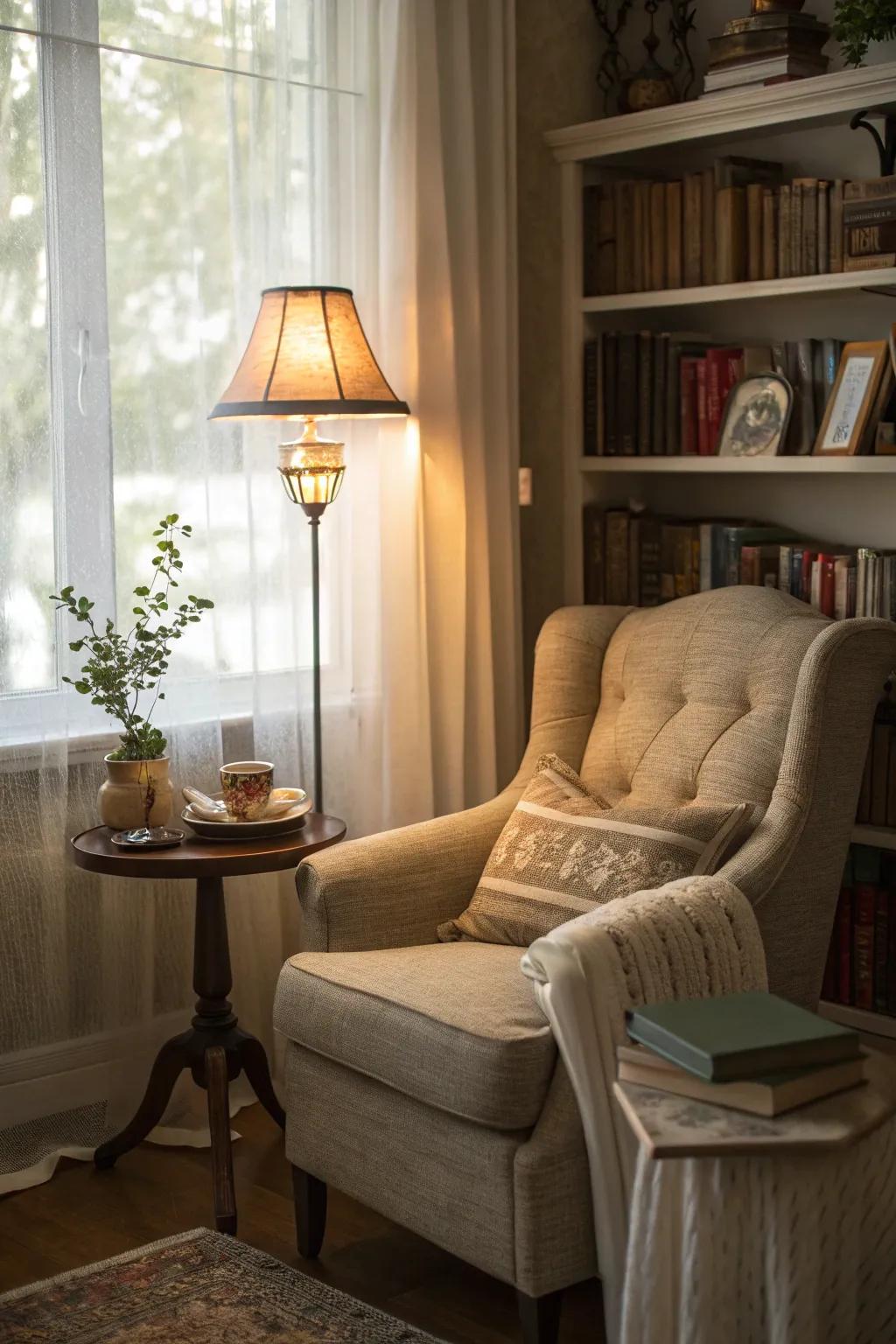 The perfect reading space invites relaxation in the cottage living room.