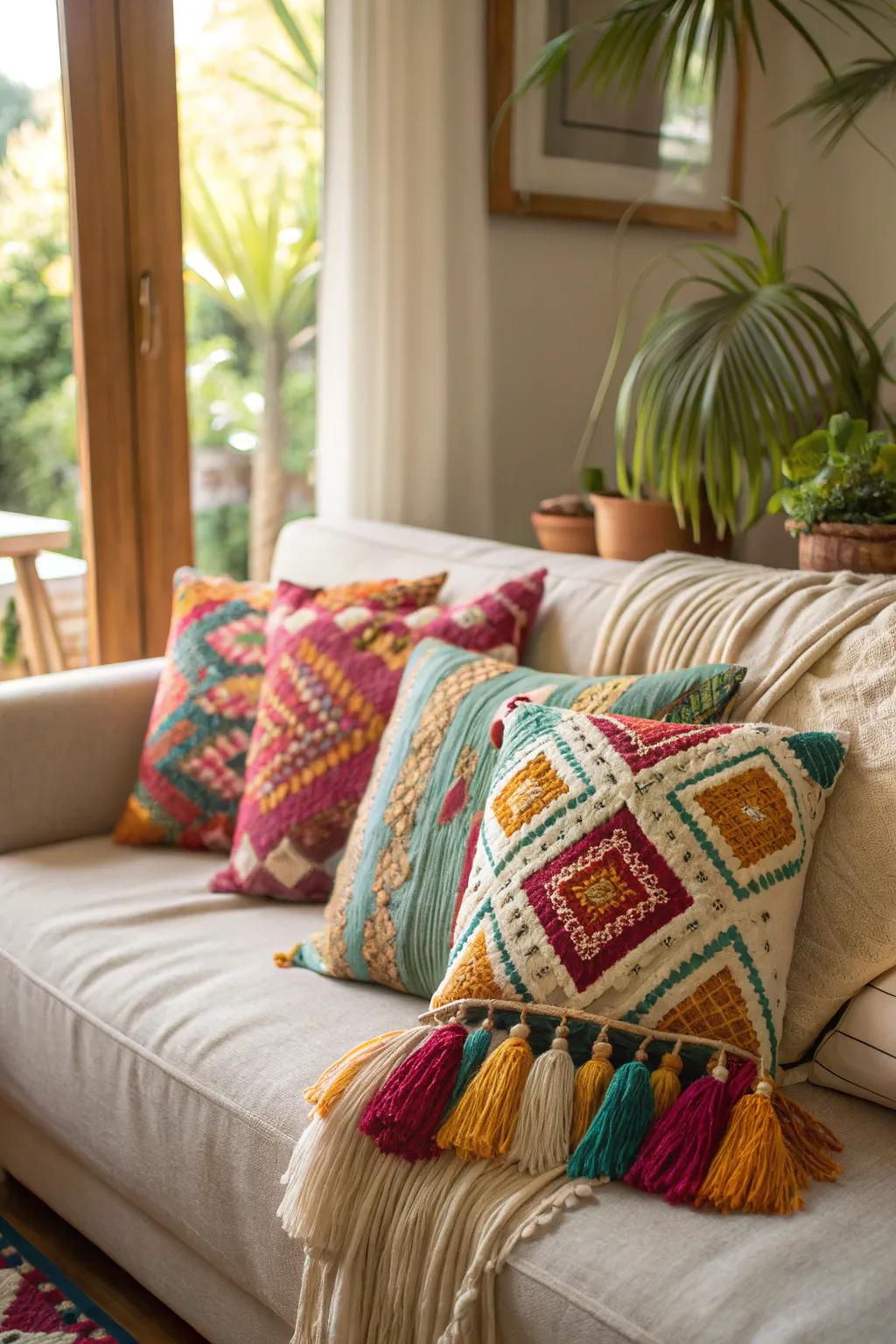 Free-spirited cushions bring a relaxed, diverse charm.