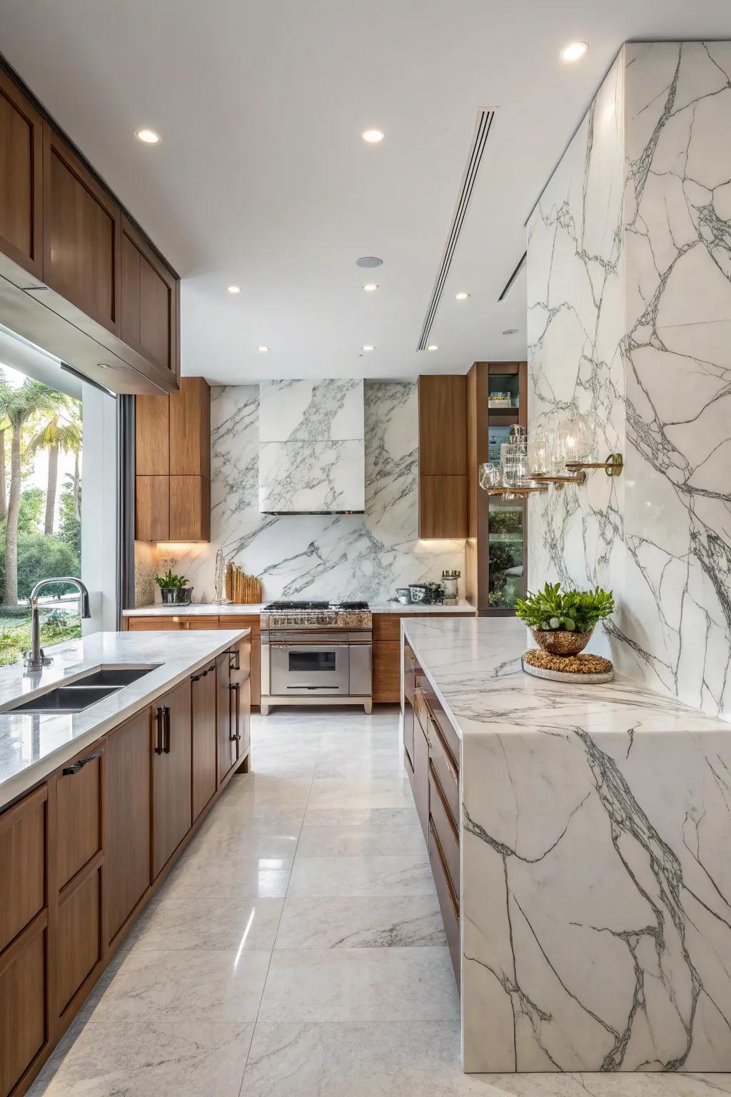 Marble backsplashes offer luxurious elegance and unique veining.