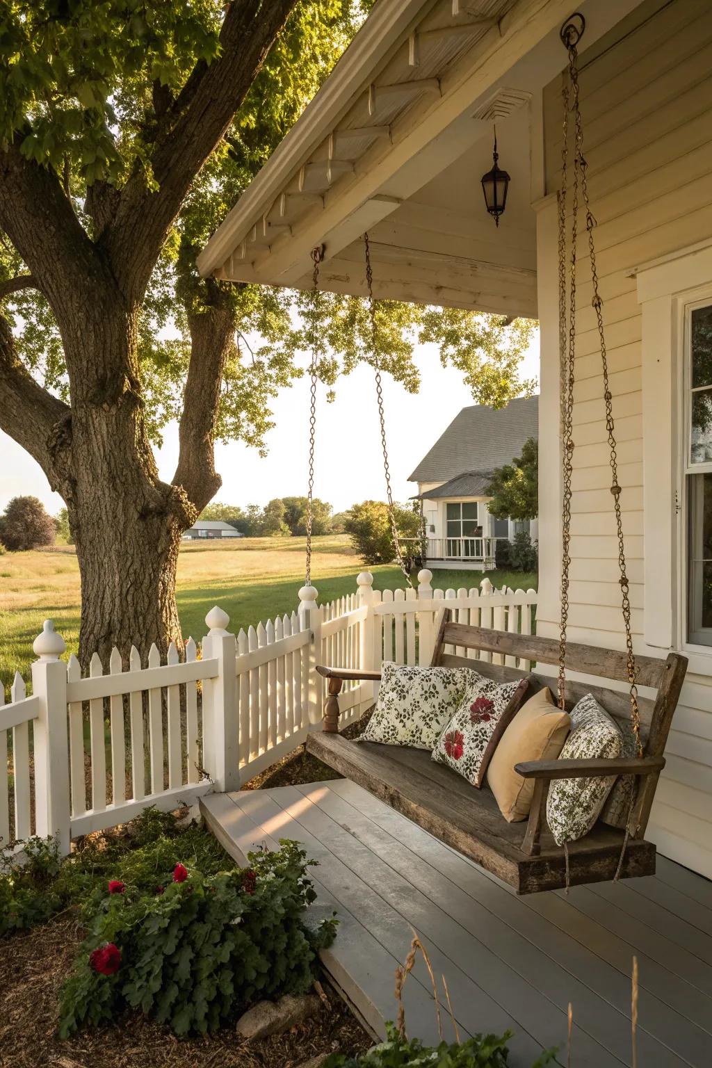 A cozy veranda swinger beckons rest and leisure.