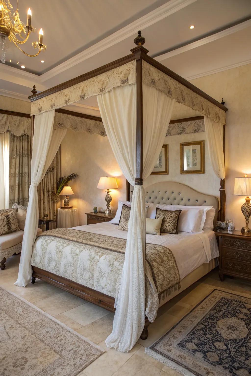 A canopy bed appends romance and opulence