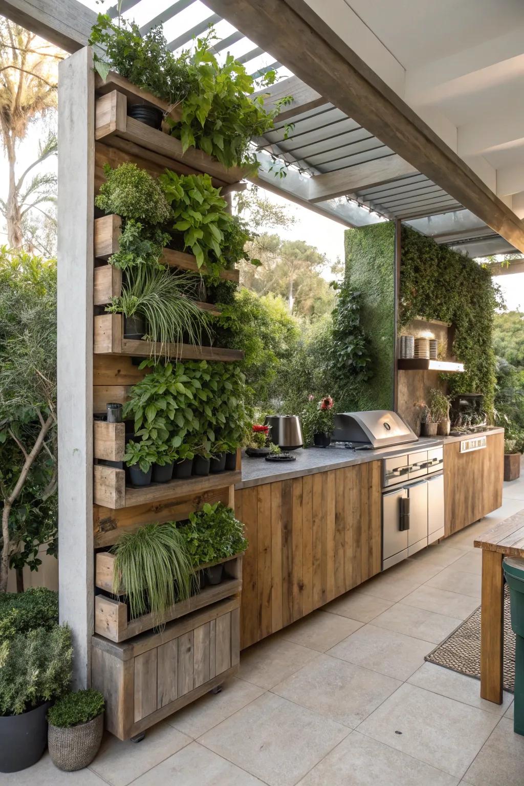 Vertical planters add a fresh, green accent to your outdoor cooking oasis.
