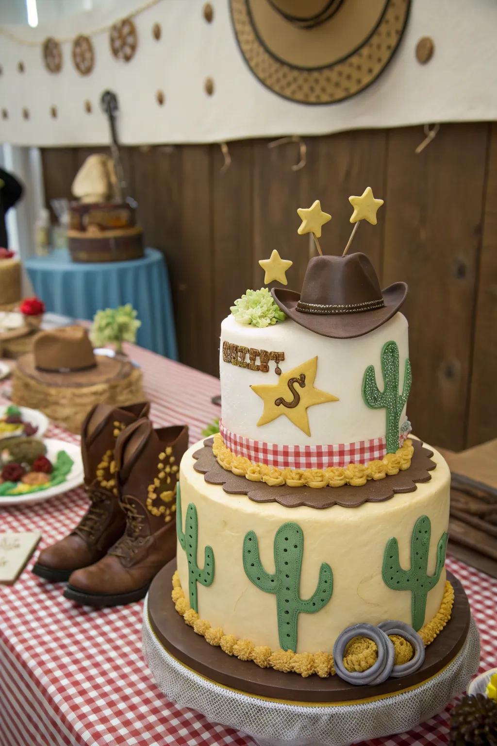 A sheriff star adds a playful Wild West twist to this cowgirl cake.