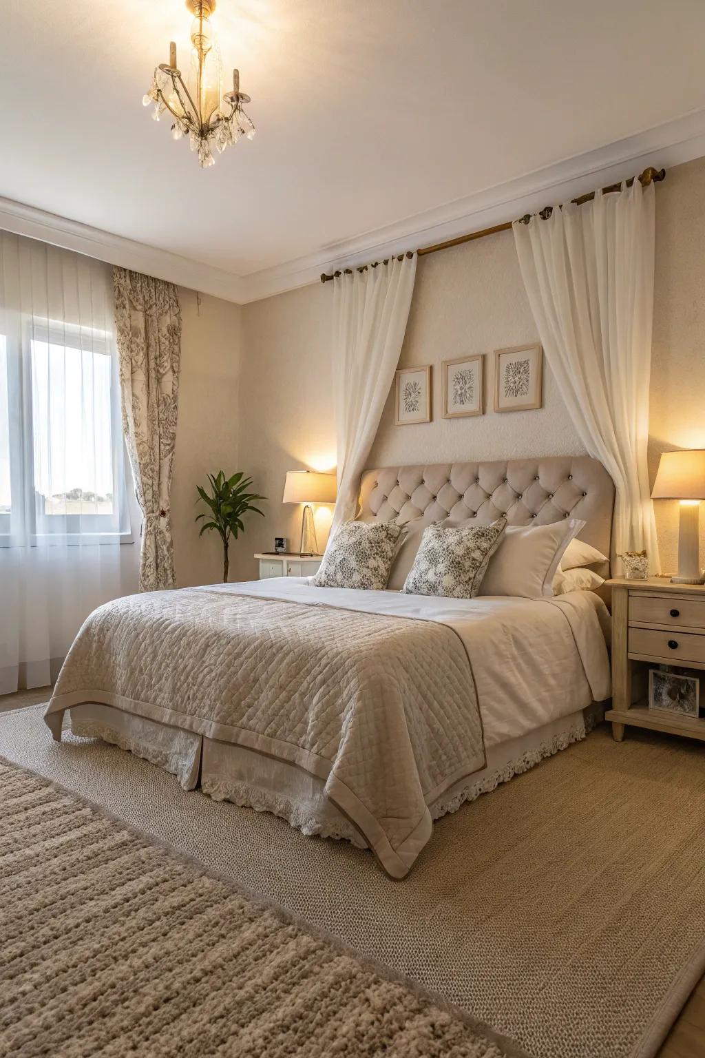 A bedroom showcasing a soothing cream carpet and peaceful decor.
