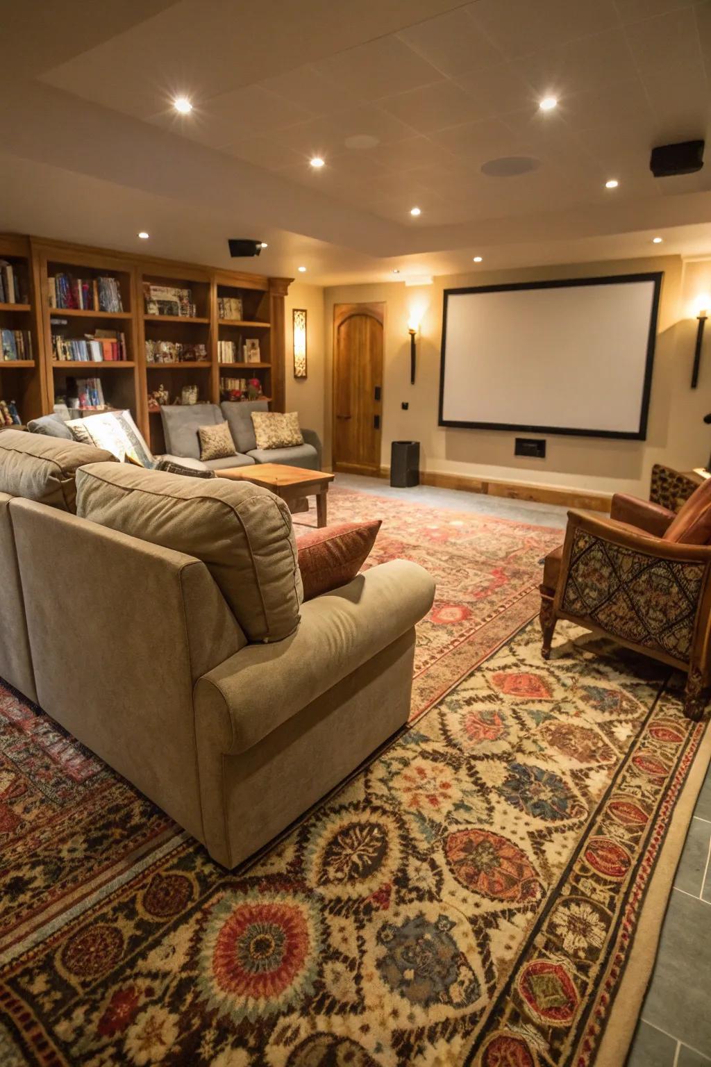The cinema room is made warmer and more stylish by a soft rug.