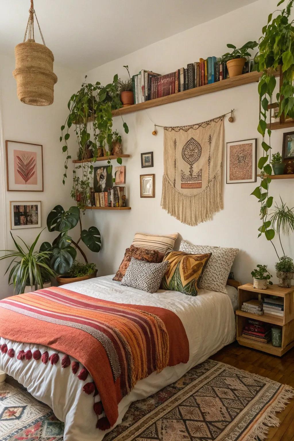 To create a cozy, eclectic bedroom, bohemian accents go wonderfully with plants.