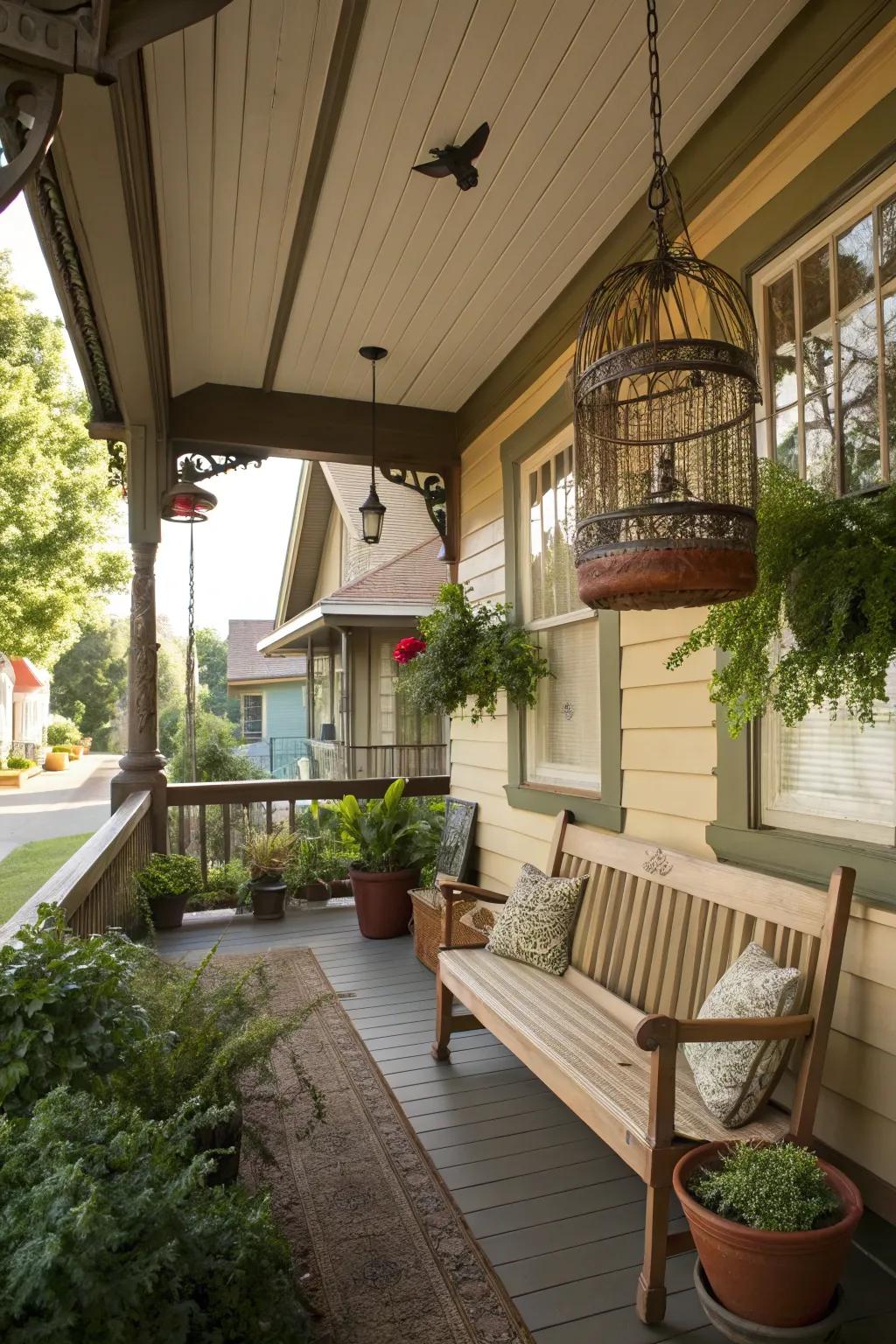 The porch is given a distinctive personality by whimsical elements.