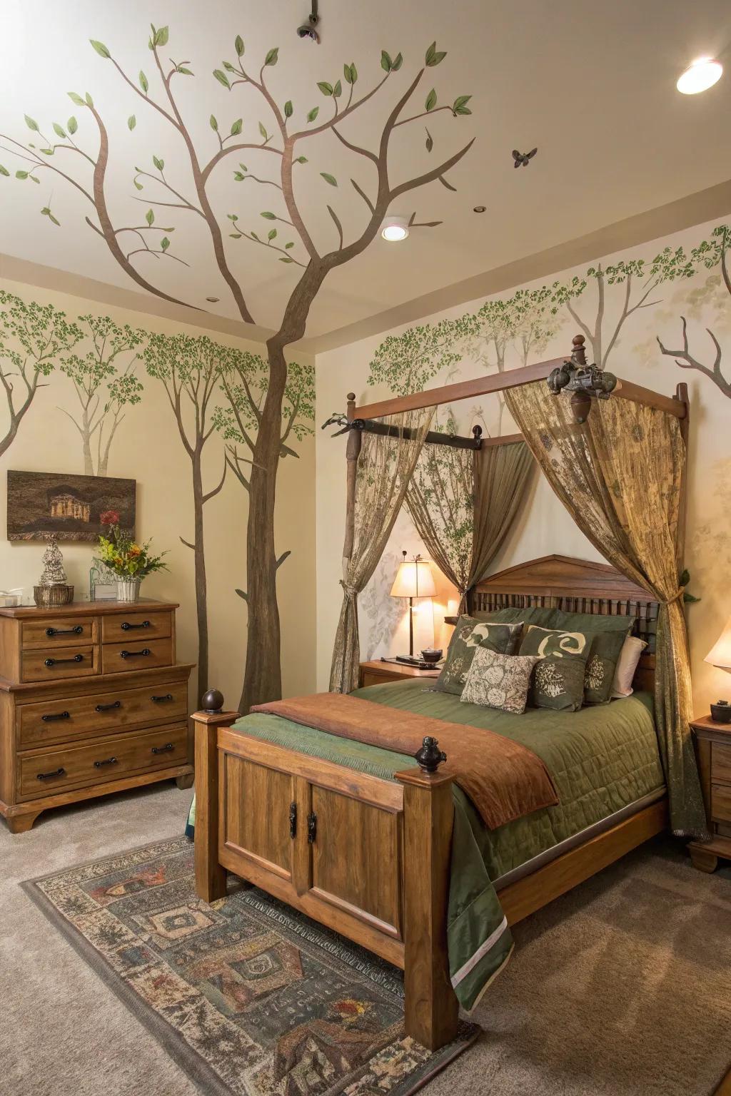 A forest-inspired bedroom featuring tree motifs and earthy tones.