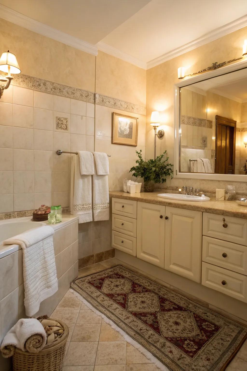 Warm lighting effects develops an inviting atmosphere in this cream bathroom.