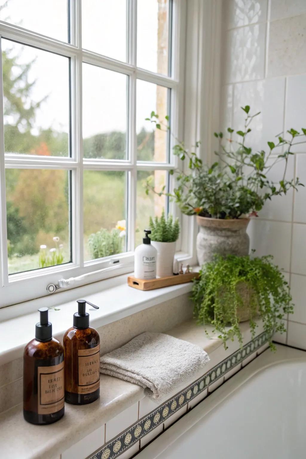 Window ledges function as lovely spots for ornamental storage.