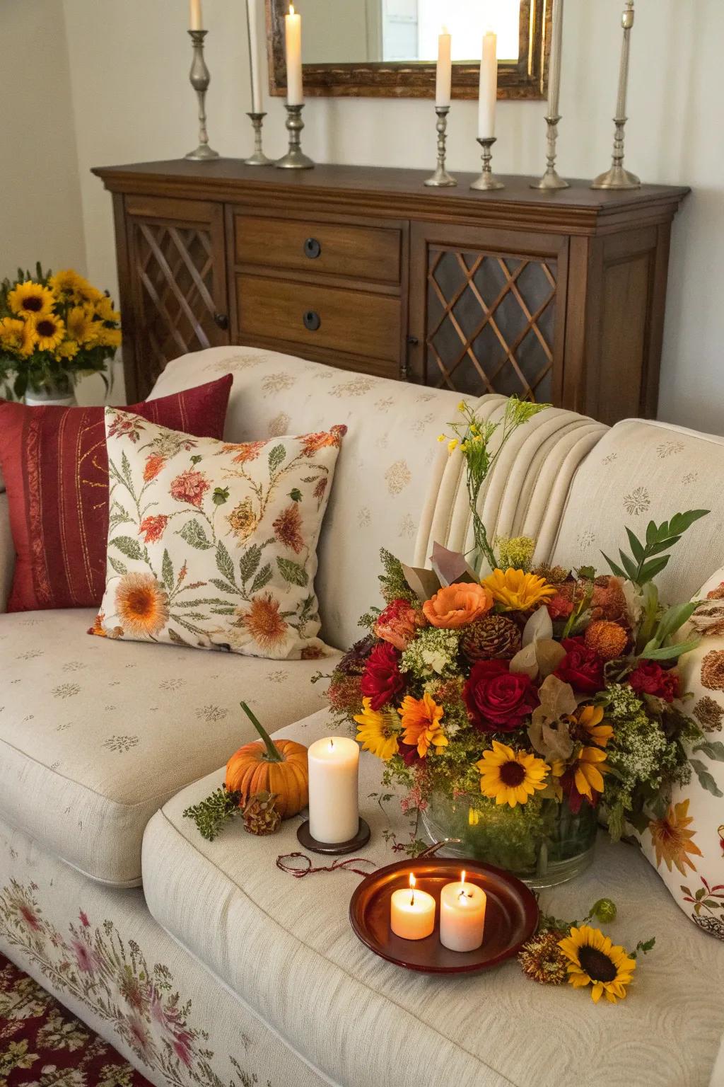Seasonal decor on a sideboard keeps the space vibrant.